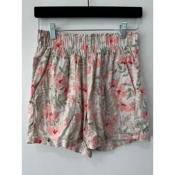 Briggs Pants - Briggs Cream Pink Floral Boho Chic Linen Paperbag Shorts Sz SM Cottage Coastal